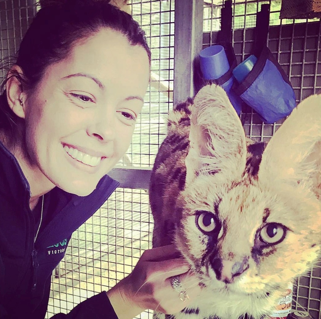 Jessica with a serval at a wildlife sanctuary